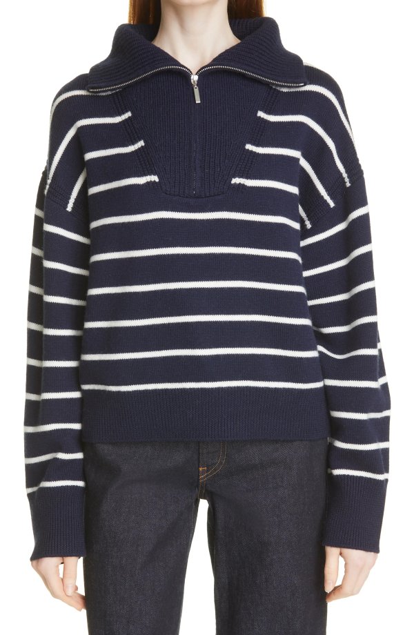 Stripe Half Zip Merino Wool Sweater