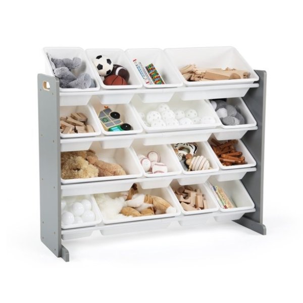 Grey/White Kids Toy Storage Organizer W/ 16 Plastic Bins