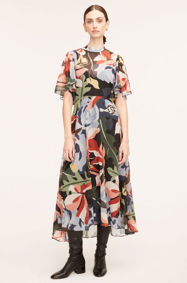 Botanical Garden Silk Flutter-Sleeve Dress | Rebecca Taylor