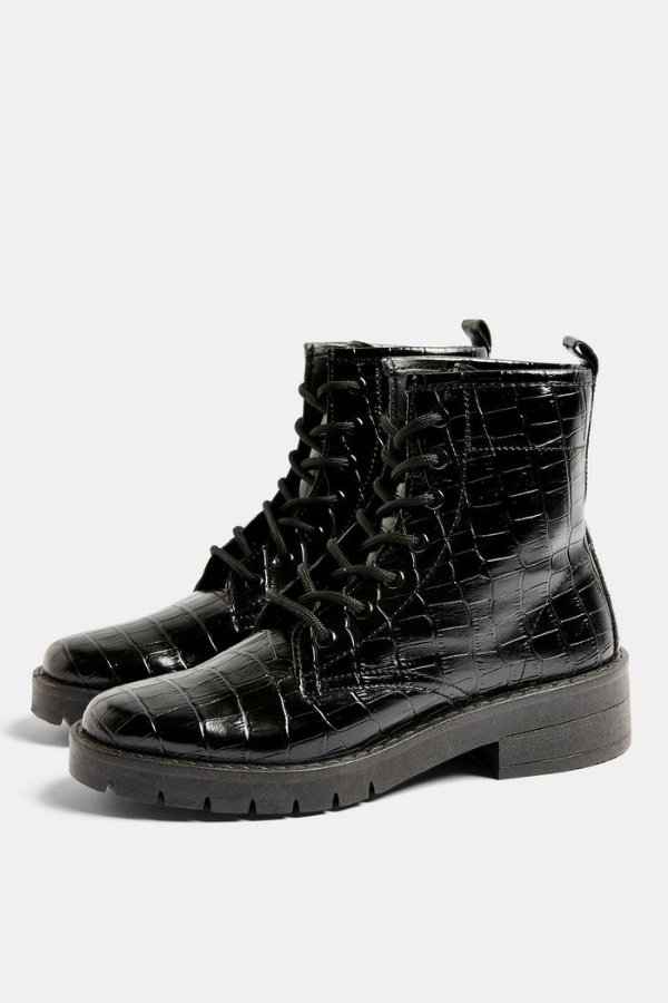 **WIDE FIT BUSTER Black Crocodile Lace Up Boots