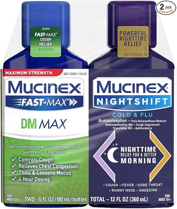 Maximum Strength Mucinex Fast-Max DM Max & Mucinex Nightshift Cold & Flu Liquid (2 x 6 fl. oz.) Thins & Loosens Mucus, Relieves Cough & Chest Congestion, Pain, Fever, Sneezing, Sore Throat, Runny Nose