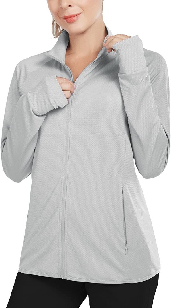 Women's Long Sleeve Shirts UPF 50+ Sun Protection Full Zip Athletic Jackets Running Lightweight Zipper Pockets