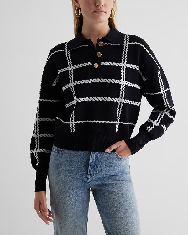 Plaid Novelty Button Polo Sweater