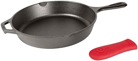 Cast Iron Skillet, Pre-Seasoned with Silicone Hot Handle Holder , 10.25 Inch Dia, Black/Red Silicone (L8SK3ASHH41B)
