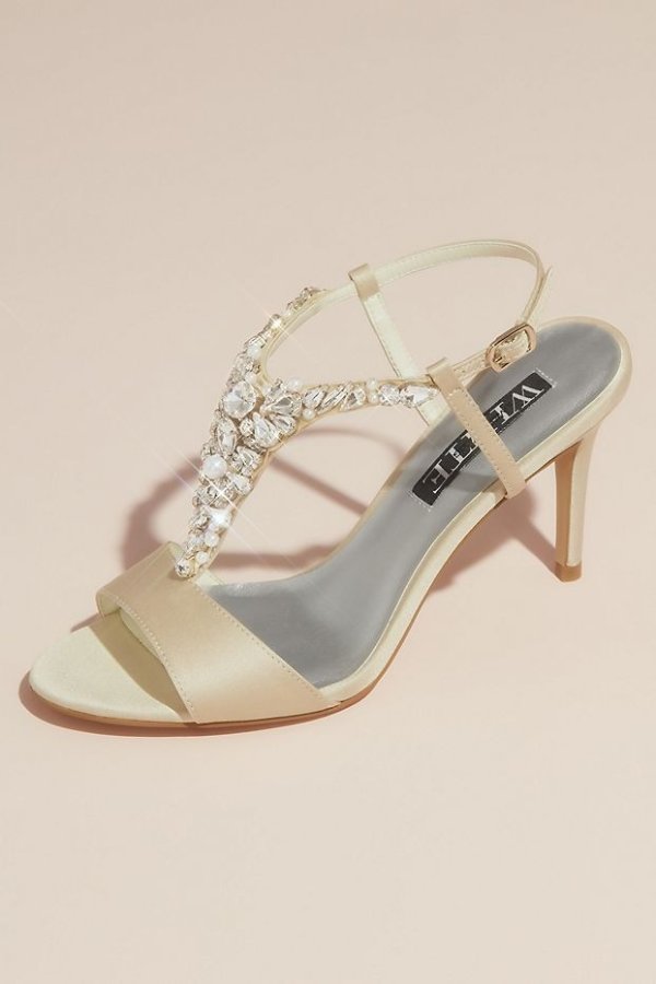 Crystal and Pearl Vamp T-Strap Satin Sandals