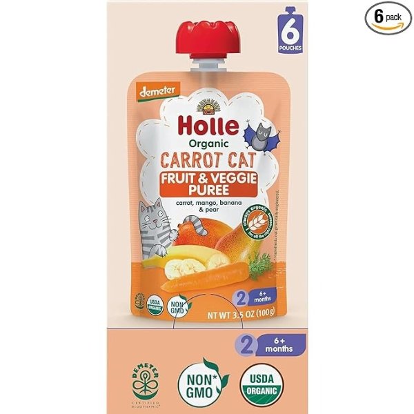 Organic Baby Food Pouches - Carrot Cat Baby Puree with Carrot, Mango, Banana & Pear - (6 Pack) Organic Baby Snacks + Fruit and Veggie Pouches for Weaning Babies 6 Months and Older