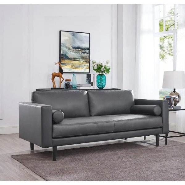Gray Top Grain Leather Mid-Century Sofa, Sofa Couches for Living Room Furniture, Accent Chairs for Bedrooms