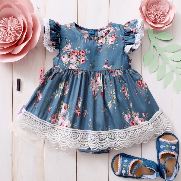 Baby Girl Flutter-sleeve Lace Floral Dress Romper