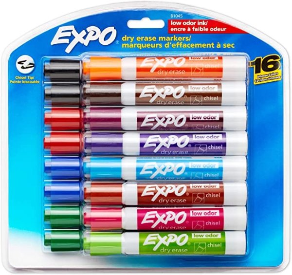 Low Odor Dry Erase Markers, Chisel Tip, Assorted, 16 Count
