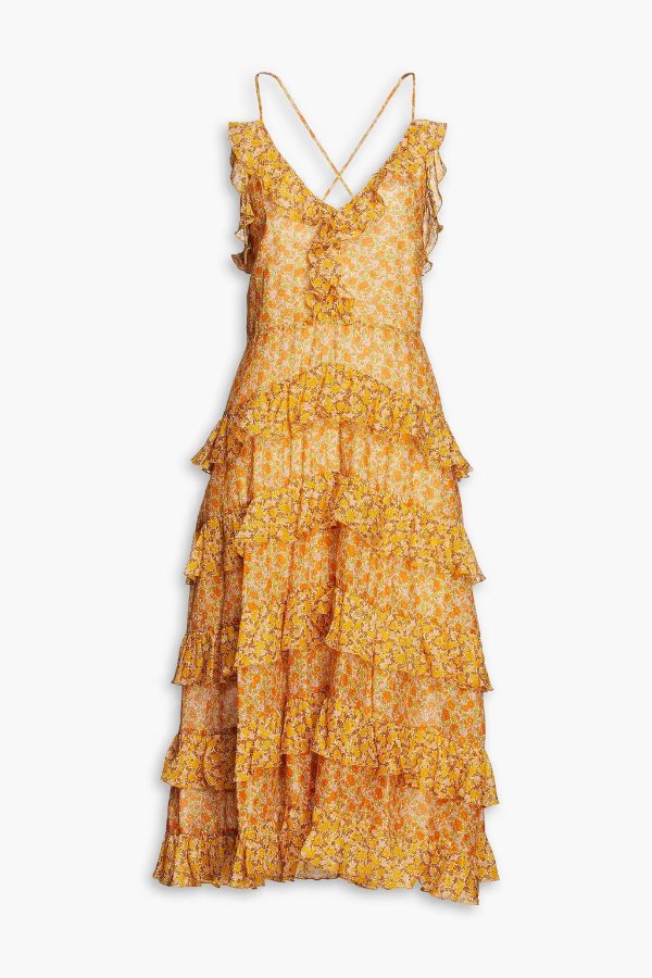 Ruffled floral-print cotton-poplin midi dress
