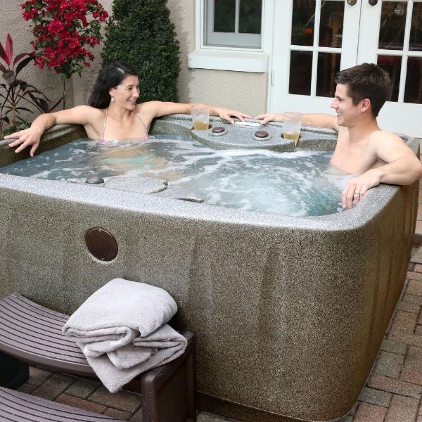 Select 150 4-Person Plug and Play Hot Tub with 12 Stainless Jets and LED Waterfall in Brownstone