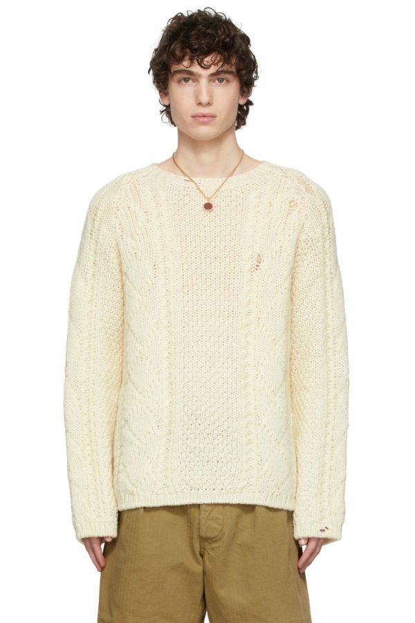 Off-White Wool Cable Knit Crewneck Sweater