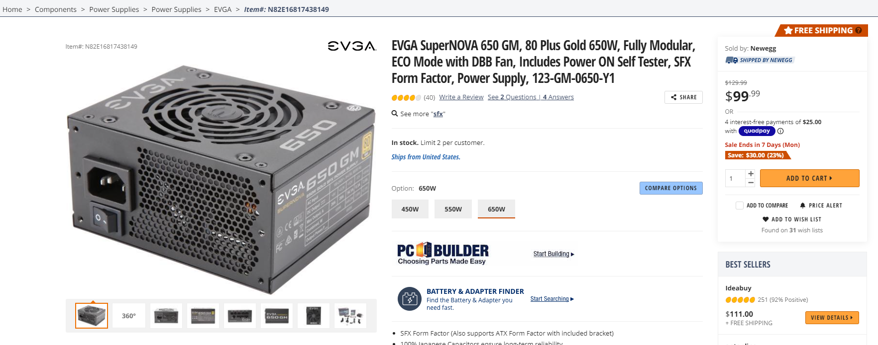EVGA SuperNOVA 650 GM, 80 Plus Gold 650W, Fully Modular, ECO Mode with DBB Fan, Includes Power ON Self Tester, SFX Form Factor, Power Supply 台式机sfx电源，全模组金牌