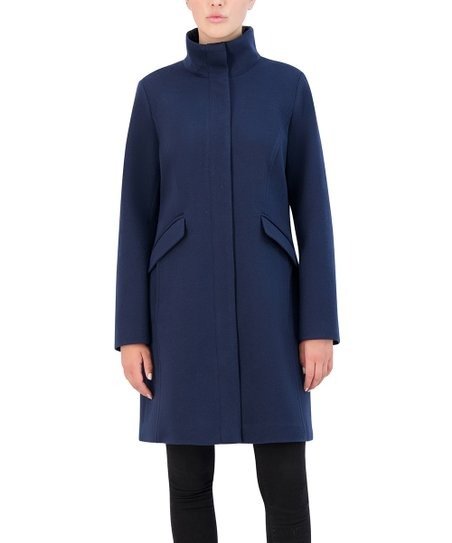 | Navy High-Collar Overcoat - Women