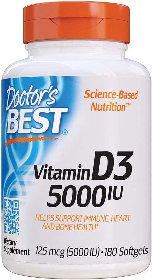 Vitamin D3 5000IU, Non-GMO, Gluten & Soy Free, Regulates Immune Function, Supports Healthy Bones, White, No Flavour, 180 Count
