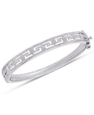 Diamond Accent Greek Key Bangle Bracelet in Fine Silver Plated Brass