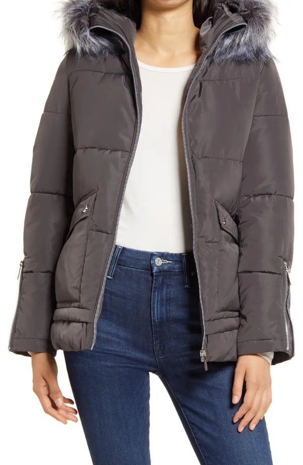 Hooded Puffer Coat with Faux Fur Trim