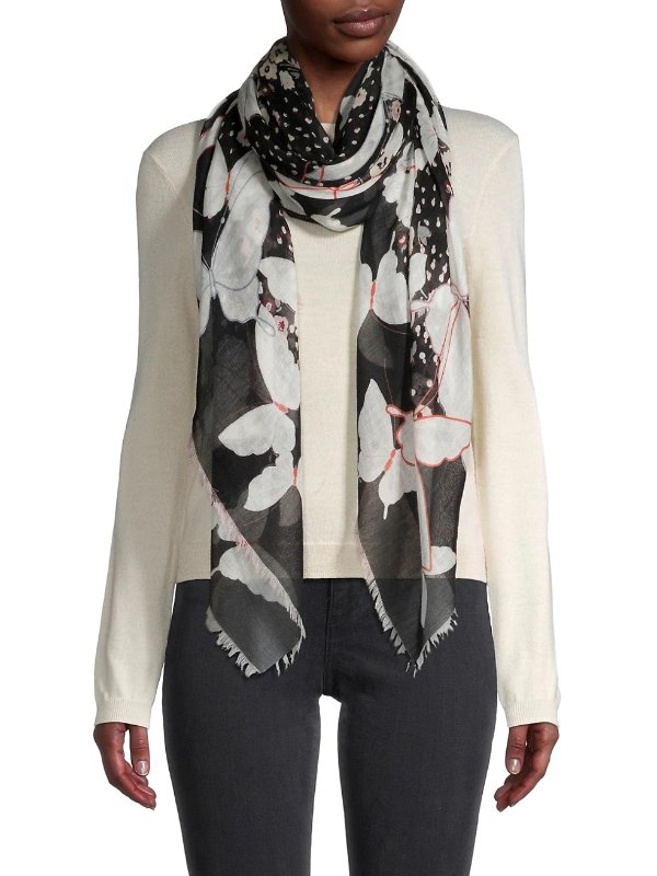 Butterfly & Floral-Print Cashmere & Silk Scarf