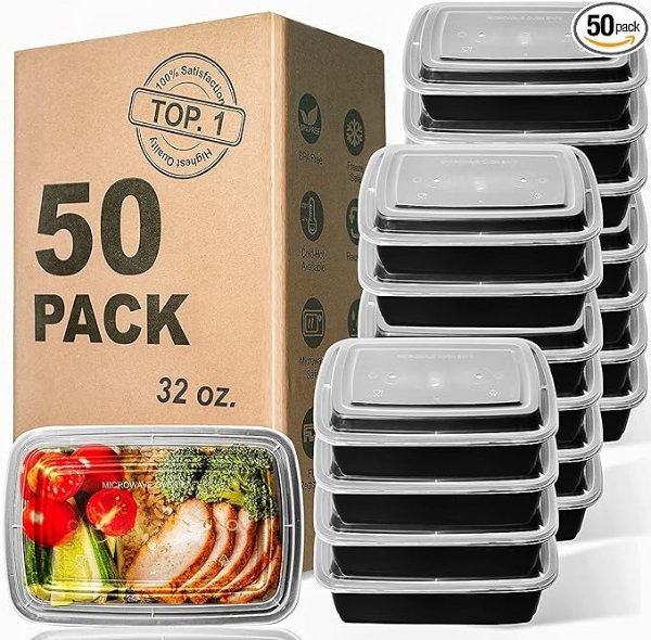WGCC Meal Prep Containers, 32OZ 50 Pack Extra-thick Food Storage Containers with Lids, Plastic Microwavable Bento Box Reusable Storage Lunch Boxes BPA Free, Stackable, Dishwasher/Freezer Safe
