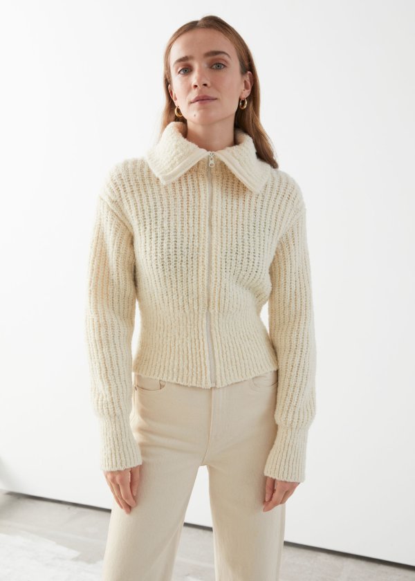 Wide Collar Knit Zip Cardigan