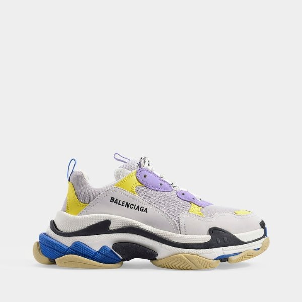 Triple S Sneakers in White, Purple and Yellow Knit and Leather