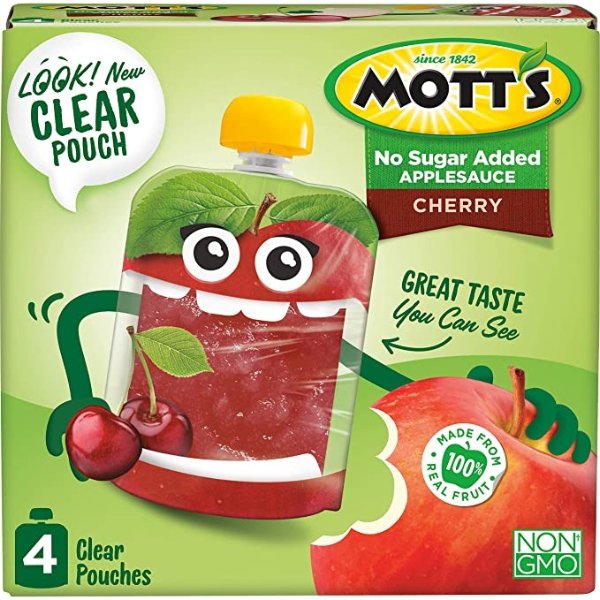 No Sugar Added Cherry Applesauce, 3.2 Ounce (Pack of 24) Clear Pouch, Perfect for on-the-go, No Added Sugars or Sweeteners, Gluten Free and Vegan