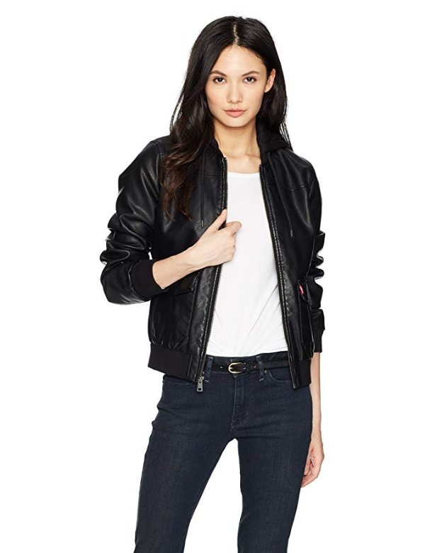 Levi's Women's Two-Pocket Faux Leather Hooded Bomber Jacket