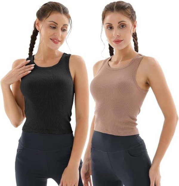 Women's Sleeveless Basic Tank Top 2 Pack Short Casual Crew Neck Crop Top for Female