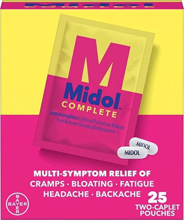 Complete Caplets with Acetaminophen for Menstrual Symptom Relief - 50 Count (25 Pouches of 2 Caplets), On the Go Menstrual Pain Relief