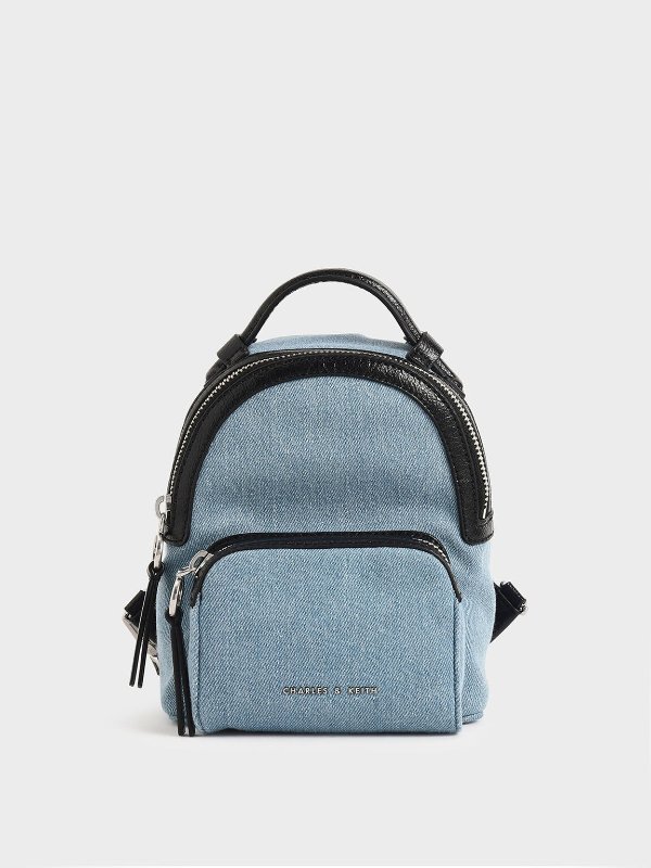 Denim Blue Textured Double Zip Backpack