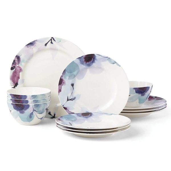Indigo Watercolor Floral 12-Piece Dinnerware Set