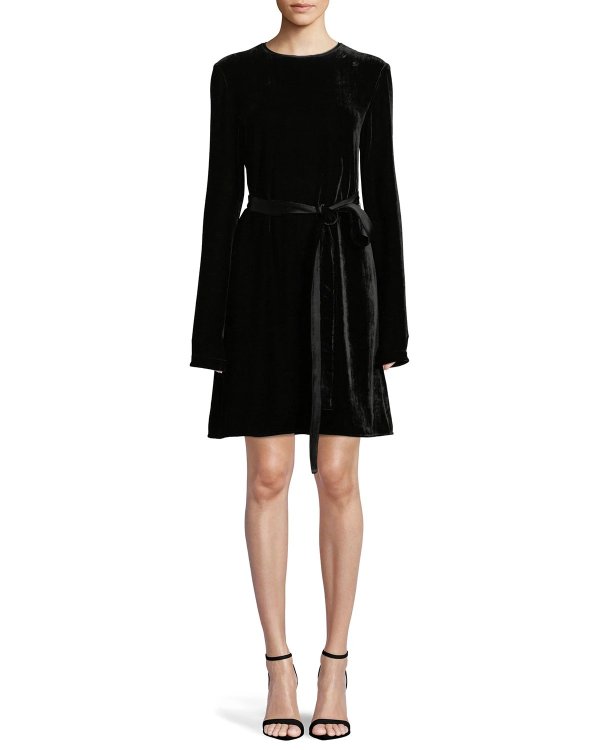 Long-Sleeve Crewneck Belted A-Line Crinkle Velvet Dress