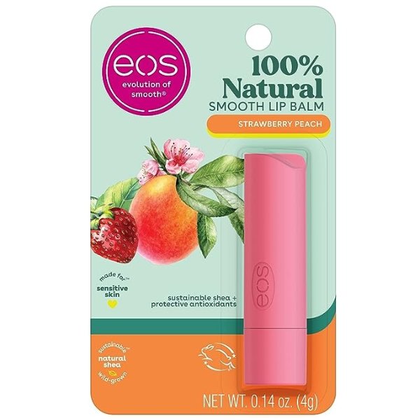 100% Natural Lip Balm Stick - Strawberry Peach, Dermatologist Recommended for Sensitive Skin, All-Day Moisture Lip Care, 0.14 oz