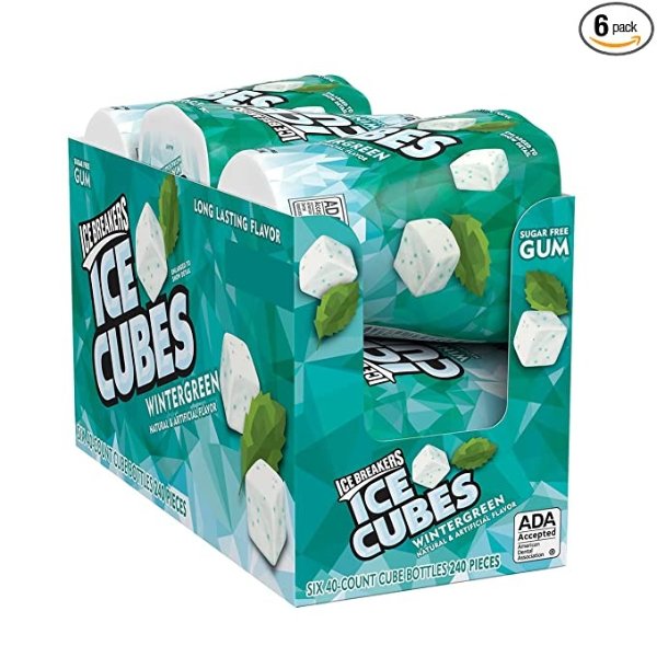 , ICE CUBES, Wintergreen, Sugar Free Chewing Gum, Christmas, 3.24 oz, Cube Bottles, 6 Count, 40 Pieces