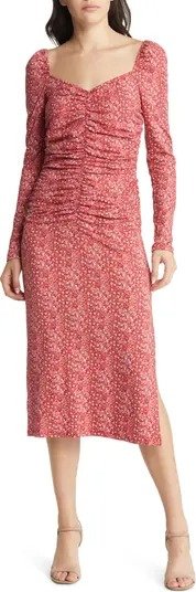Ruched Ditsy Floral Long Sleeve Midi Dress