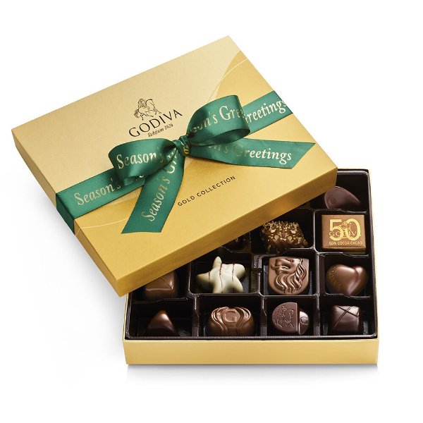 Season's Greetings Assorted Chocolate Gold Gift Box, Forest Green Ribbon, 19 pc.