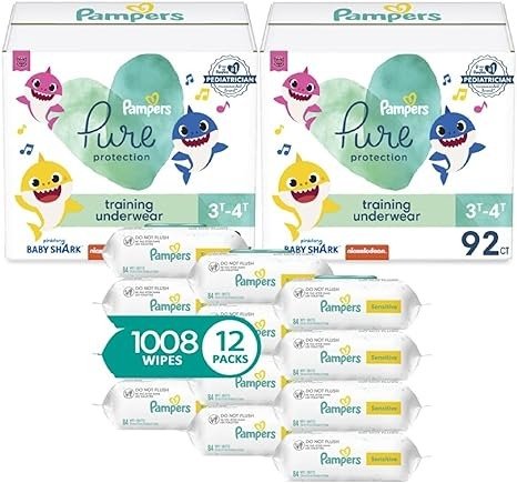 Pure Pants 3T4T (2 x 92 Count) with Sensitive Water Based Baby Wipes, 12X Pop-Top Packs (1008 Count)