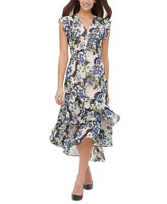 Chiffon Floral Flutter-Sleeve Dress