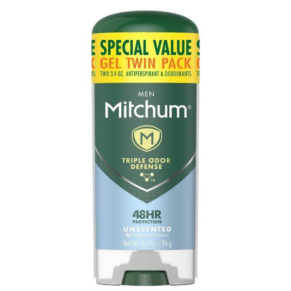 Men's Deodorant, Antiperspirant, Triple Odor Defense Gel Stick, 48 Hr Protection, Dermatologist Tested, Alcohol Free, Unscented, 3.4 Oz (Pack of 2)