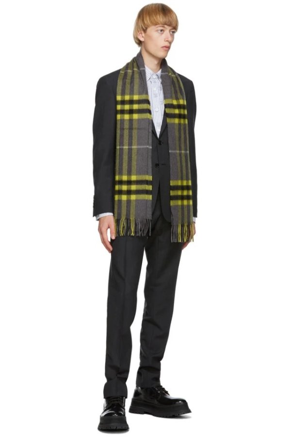 Grey & Yellow Cashmere Classic Check Scarf
