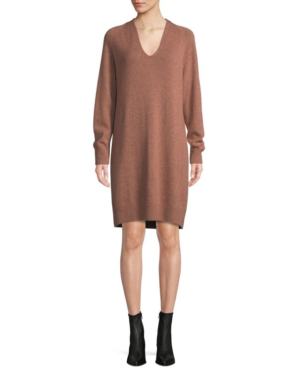 V-Neck Wool-Cashmere Sweater Dress