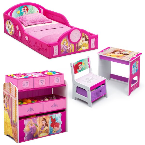 Princess 4-Piece Room-in-a-Box Bedroom Set by Delta Children - Includes Sleep & Play Toddler Bed, 6 Bin Design & Store Toy Organizer and Desk with Chair