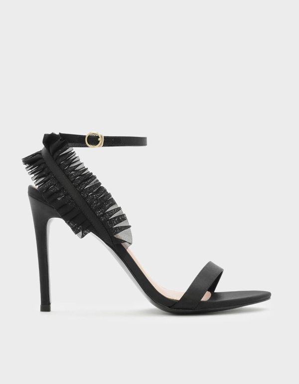 Black Ruffle Detail Ankle Strap Sandals | CHARLES & KEITH