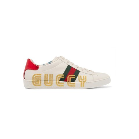 GucciAce metallic watersnake-trimmed logo-print leather sneakers