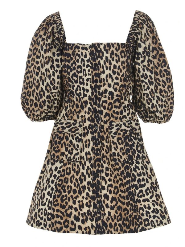 Leopard-Print Puff-Sleeve Flared Dress