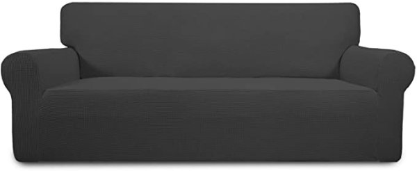 Stretch Sofa Slipcover – Spandex Jacquard Non Slip Soft Couch Sofa Cover, Washable Furniture Protector with Non Skid Foam and Elastic Bottom for Kids (Sofa, Dark Gray)