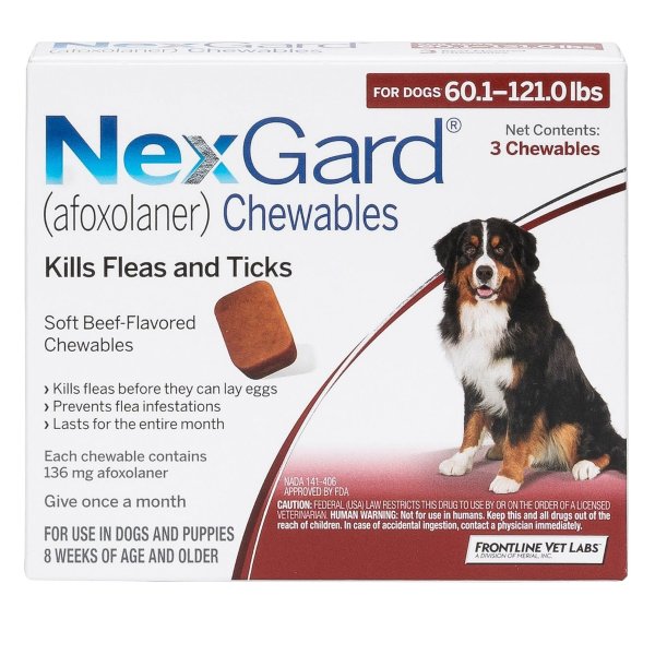 Chewable Tablets for Dogs, 60.1-121 lbs, 3 treatments (Red Box) - Chewy.com
