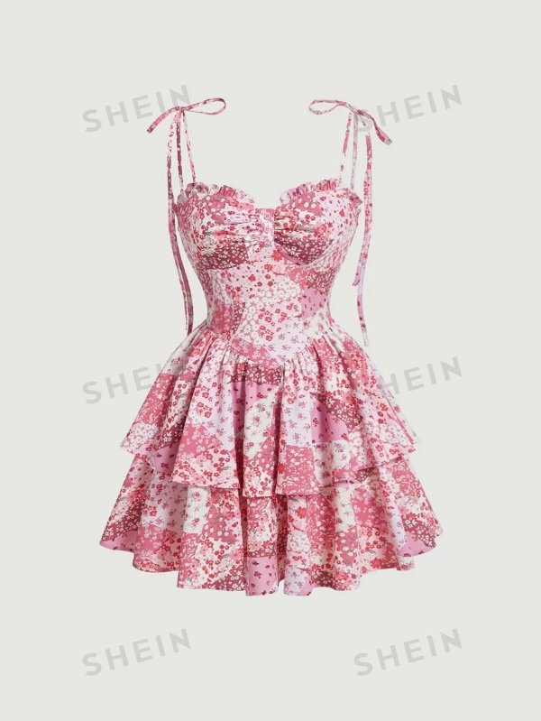 MOD Floral Print Ruched Bust Tie Shoulder Ruffle Hem Pink Mini Cami Dress |USA