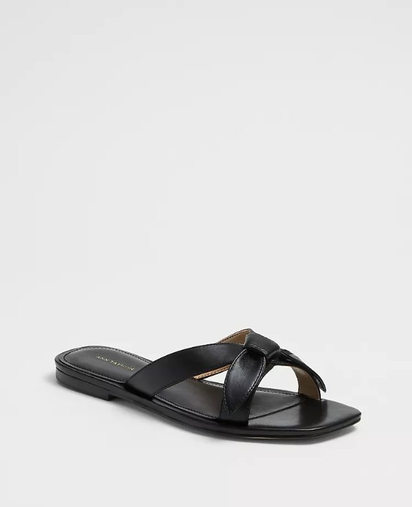 Ava Leather Bow Flat Slide Sandals | Ann Taylor