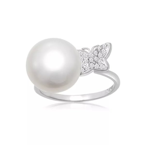 12MM Freshwater Cultured Single Pearl and Embellished Butterfly Ring